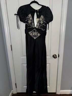 Bloomingdale's Black Dress with Ivory Floral Embroidery